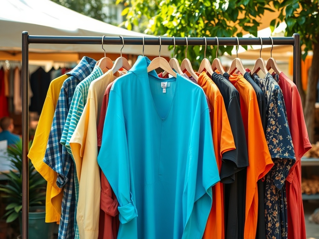 Rochii colorate expuse pe un suport într-o piață, sub razele soarelui. Atmosferă vibrantă și plină de stil.