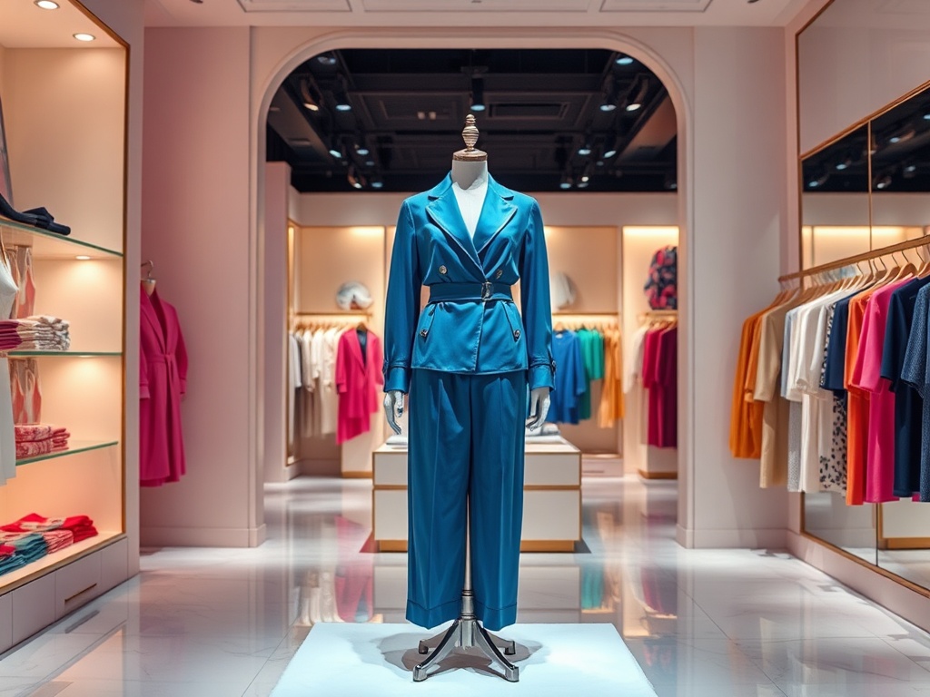 Un manechin îmbrăcat într-un costum albastru, expus într-un magazin de modă elegant. Detalii colorate pe fundal.
